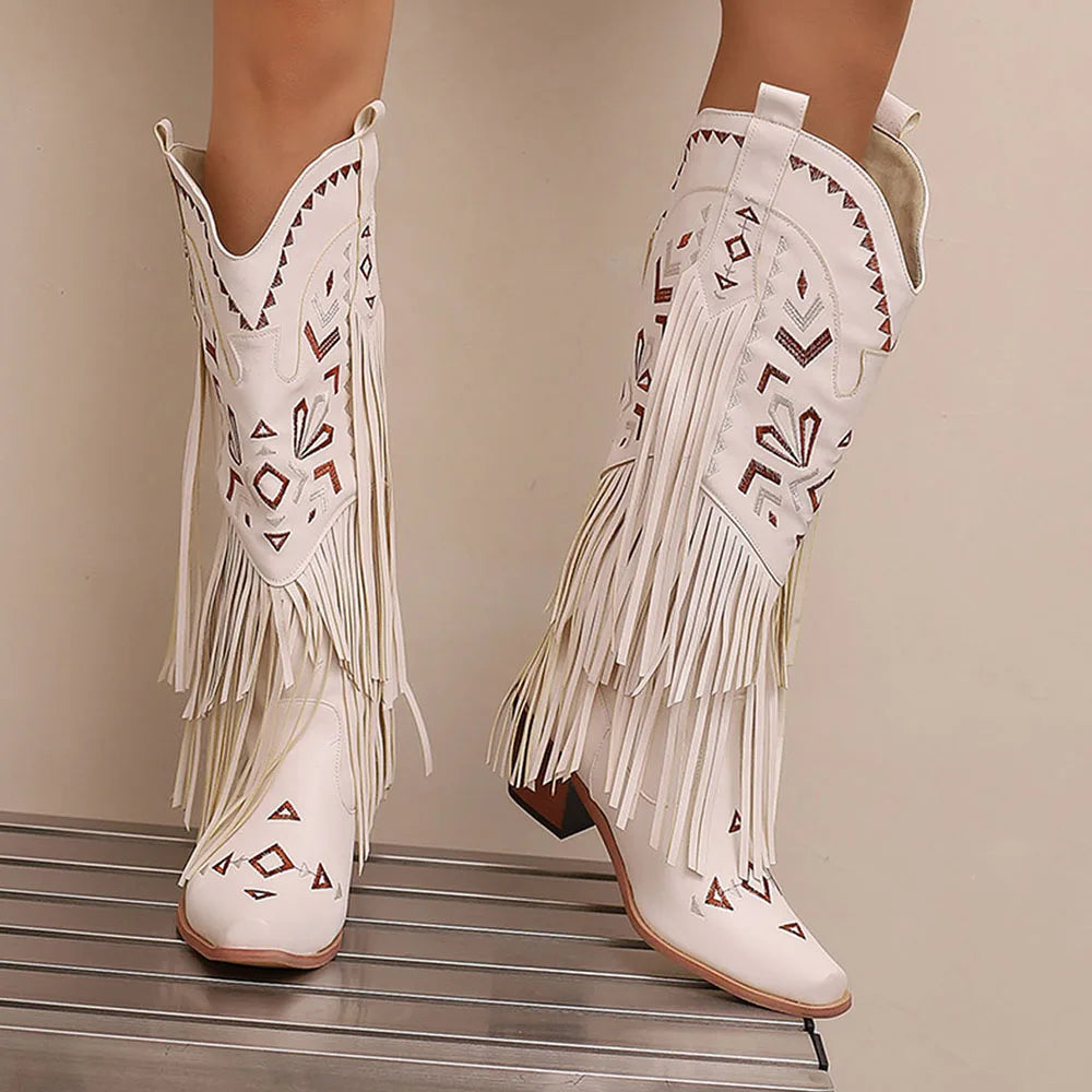 GIGIFOX Retro Tassel Embroidered Cowgirl Mid-Calf Women Western Boots Pointed Toe Chunky High Heel Cowboy Cool All-Match Shoes