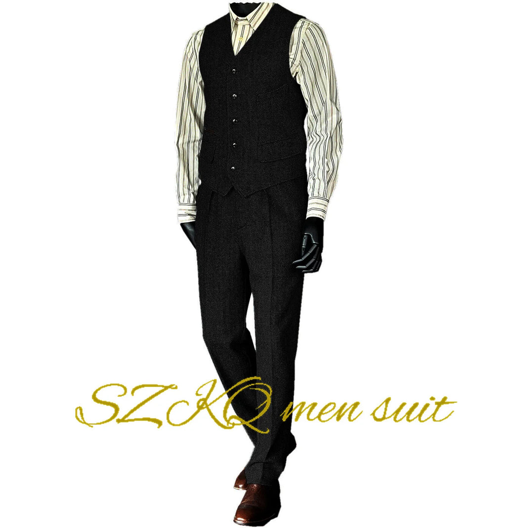 Mens Suit 2 Piece Waistcoat Vest Pants Herringbone Retro Vintage Trousers For Wedding Retro Wool Outfit