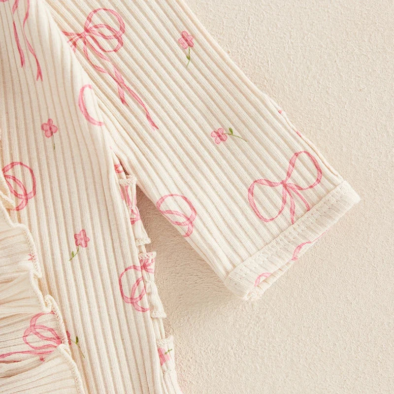 Infant Baby Girl Outfit Bow Print Long Sleeve Ruffled Zipper Front Ribbed Jumpsuit Bow Headband Newborn Clothes