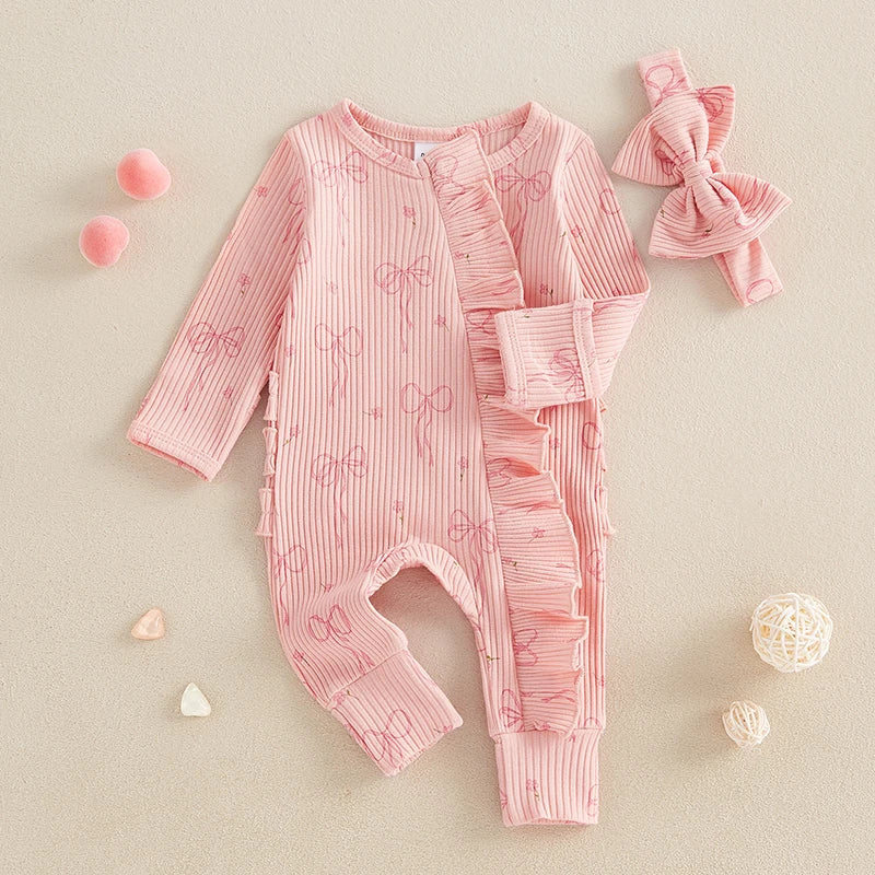 Infant Baby Girl Outfit Bow Print Long Sleeve Ruffled Zipper Front Ribbed Jumpsuit Bow Headband Newborn Clothes
