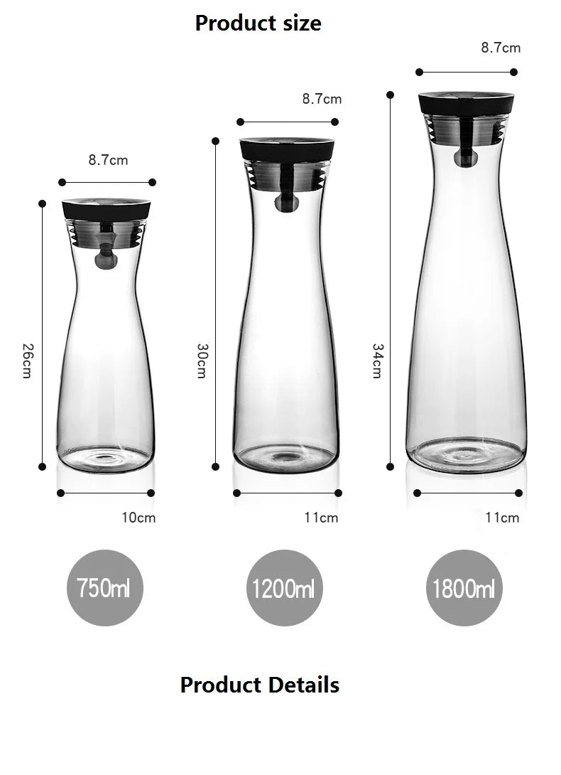 Water Bottle 1.8L High Borosilicate Glass Bottle Basic Tilting  Stainless Steel Lid Closure Jug  Hot and Cold Juice Beverage Tea