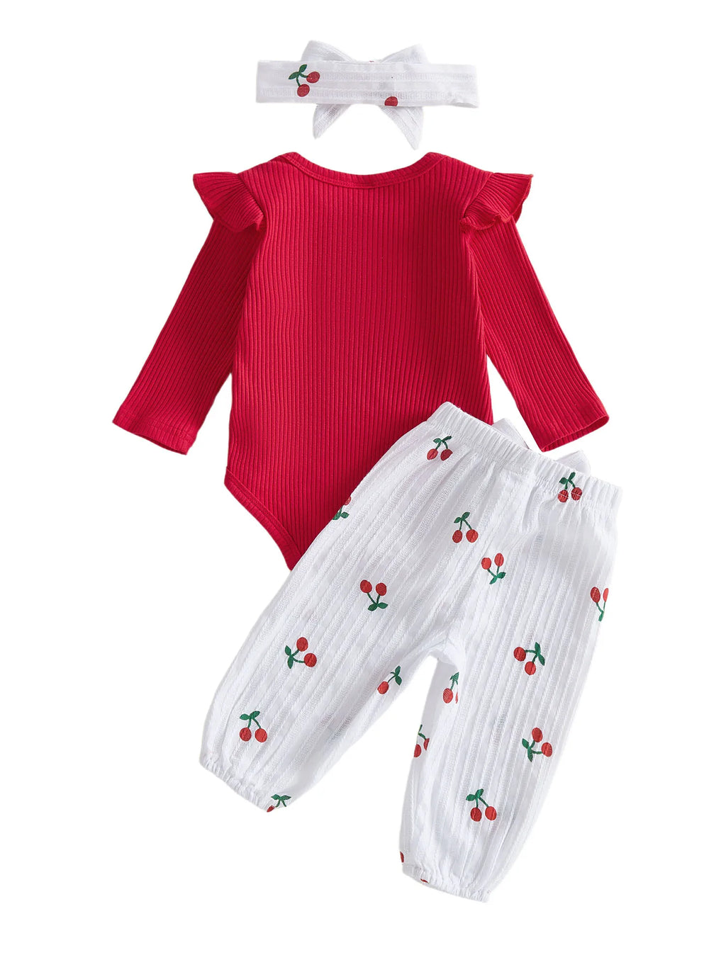 Baby Girls Fall Outfit, Long Sleeve Romper with Cherry Print Pants and Headband Clothing Set