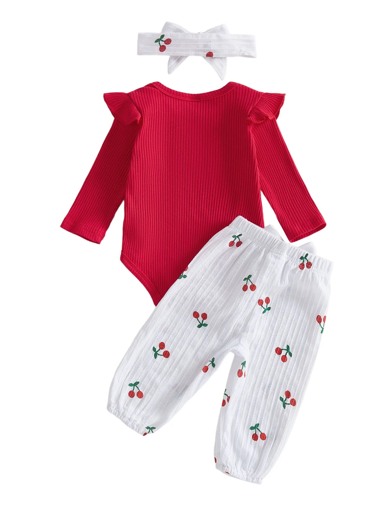 Baby Girls Fall Outfit, Long Sleeve Romper with Cherry Print Pants and Headband Clothing Set
