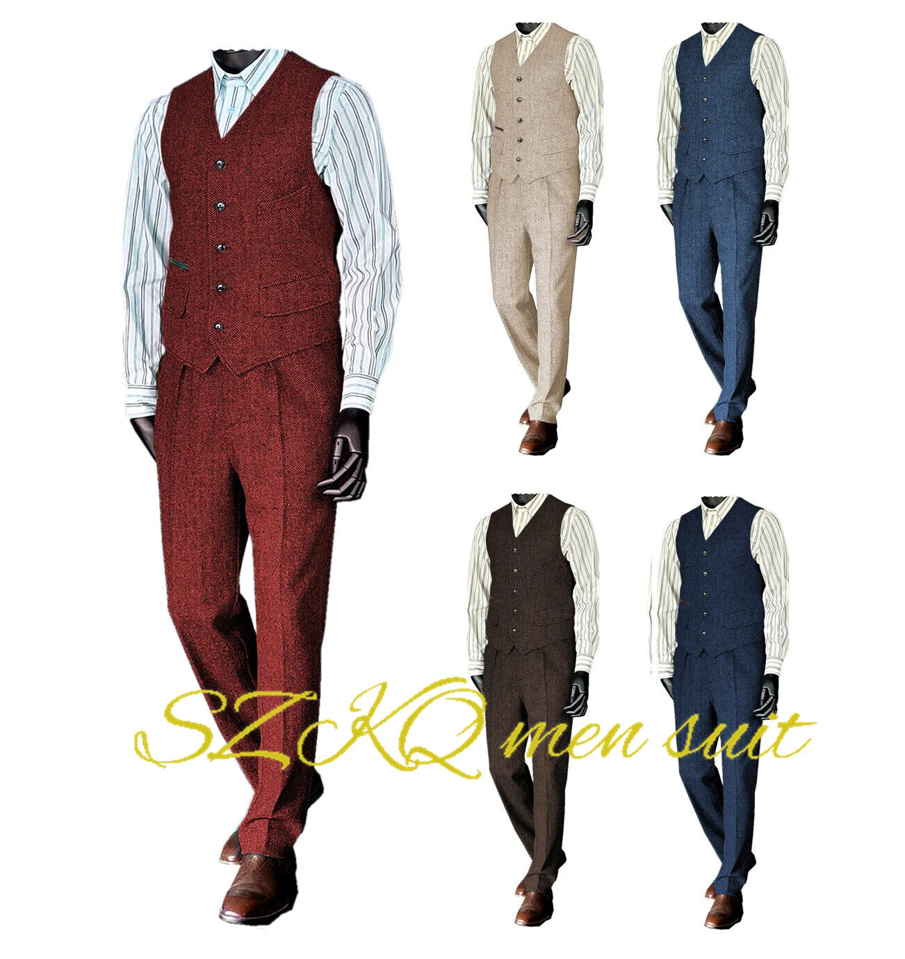 Mens Suit 2 Piece Waistcoat Vest Pants Herringbone Retro Vintage Trousers For Wedding Retro Wool Outfit