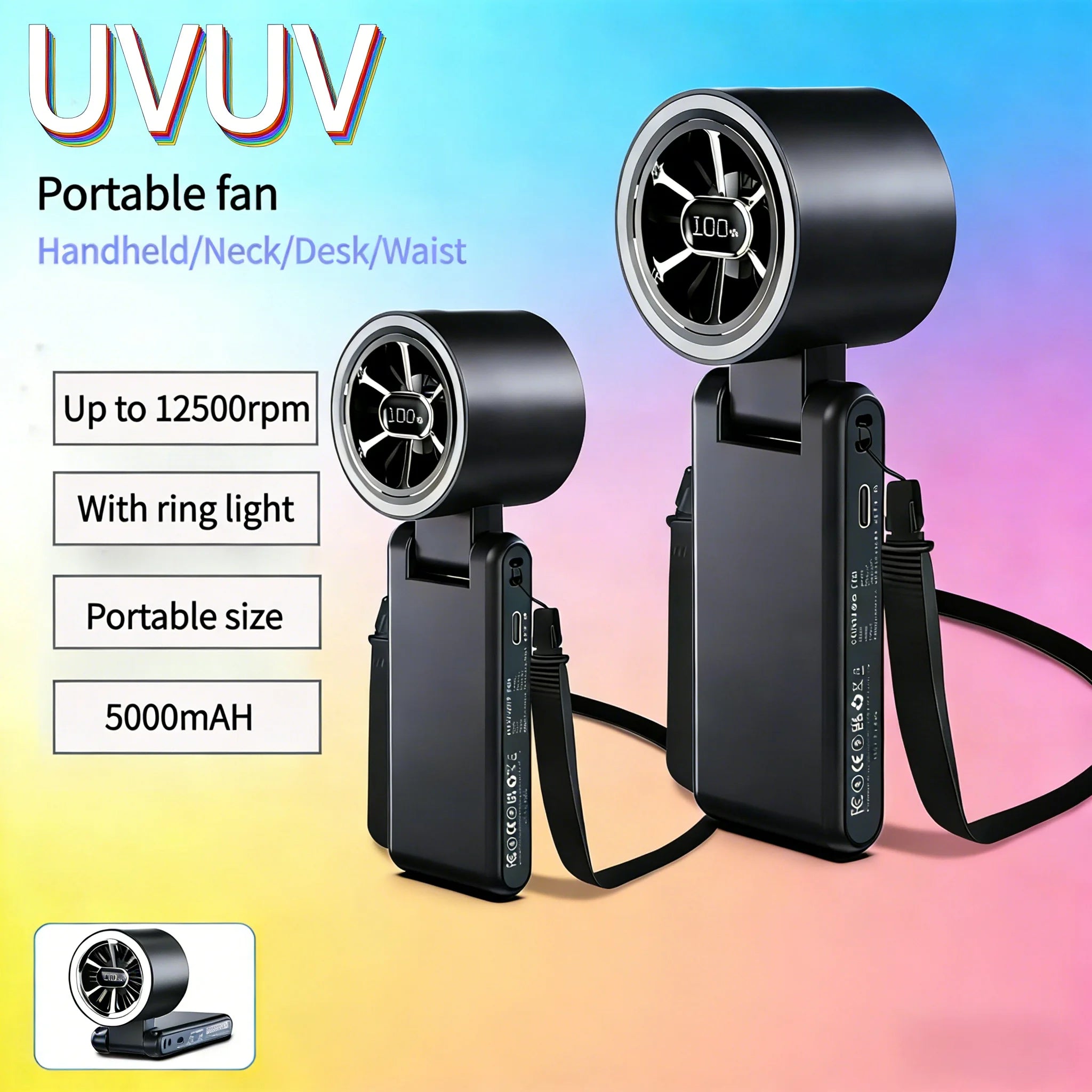Fan - Handheld/Waist Clip/Neck-Wear Fan, 5-Speed Adjustment, 5000mAh Battery, 20-Hour Extended Run Time (Black/White/Pink)