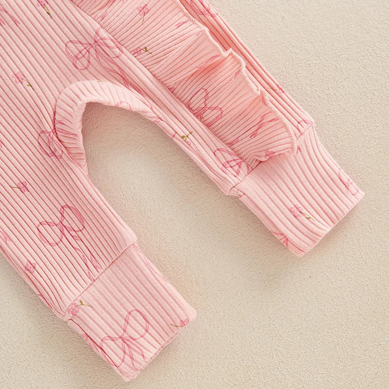 Infant Baby Girl Outfit Bow Print Long Sleeve Ruffled Zipper Front Ribbed Jumpsuit Bow Headband Newborn Clothes