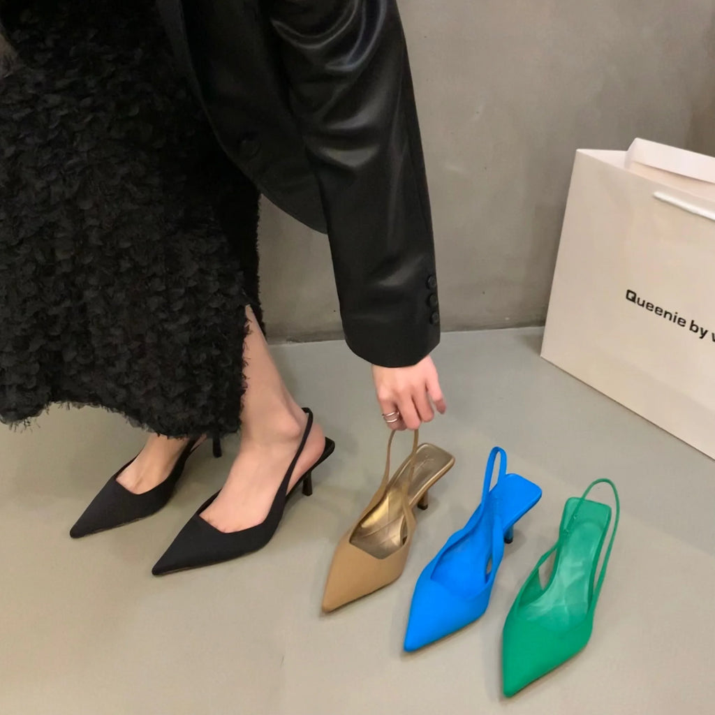 Women Summer Shoes 2024 New Fashion Pointed Toe Stiletto Medium Heel High Heels Women Back Empty Toe Sandals Green Women's Shoes