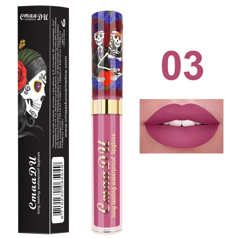 1pcs Matte Lip Gloss - Long-Lasting, Waterproof, Non-Fading, for All Skin Types - Vibrant Red Shades with Floral & Skull Designs