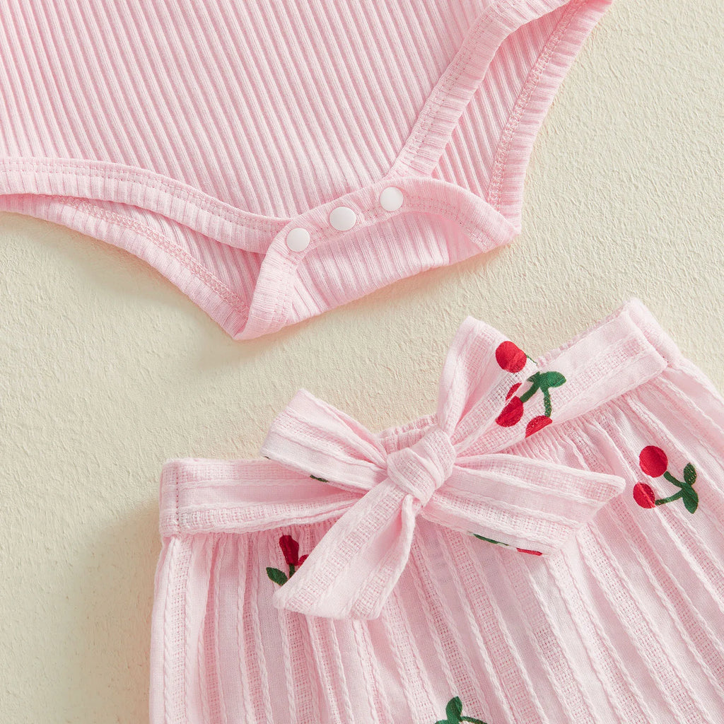 Baby Girls Fall Outfit, Long Sleeve Romper with Cherry Print Pants and Headband Clothing Set