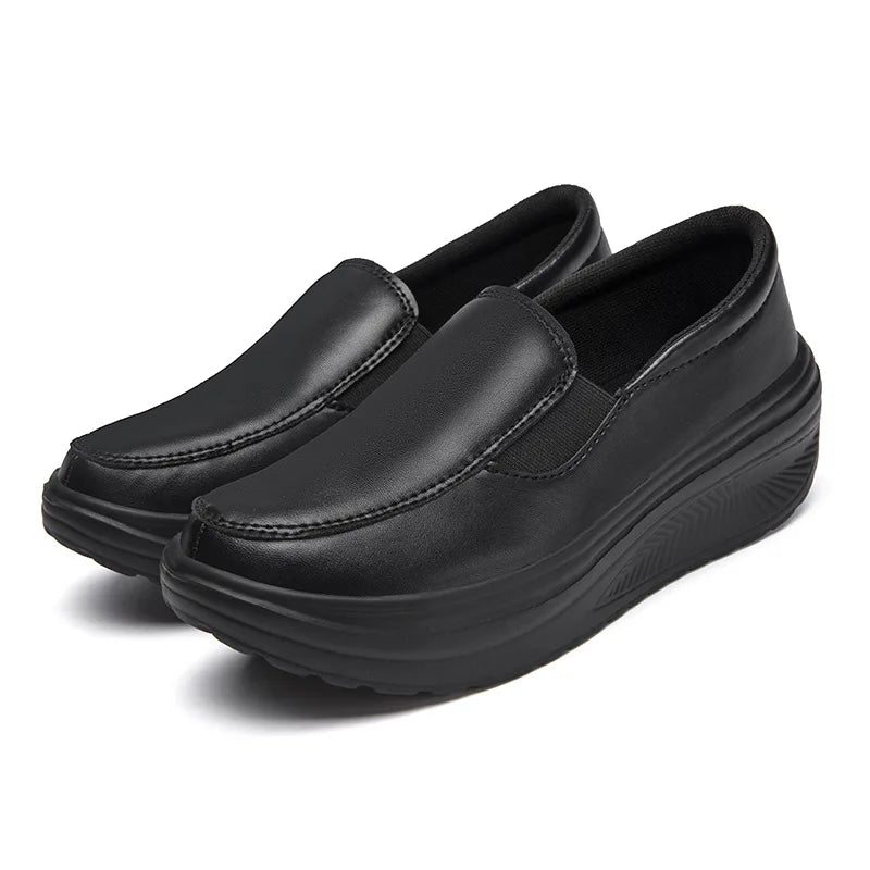 2026 Women's Shoes Spring Genuine Leather Soft Outsole Work Shoes Female Black Swing Woman Plus Size Wedges Single