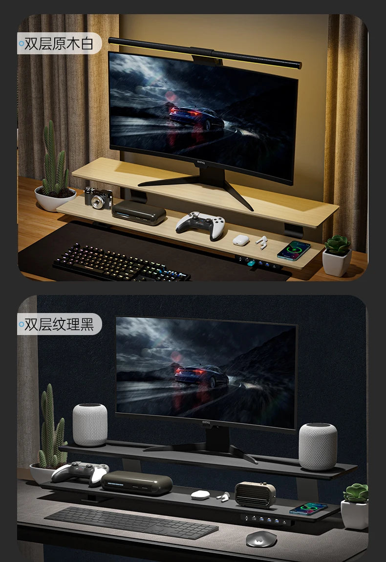 Solid Wood Gaming Desk Top with Monitor Riser Stand Charging Shelf & USB Hub Hidden Storage USB Dock for PC Gaming Setup