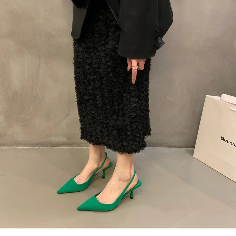 Women Summer Shoes 2024 New Fashion Pointed Toe Stiletto Medium Heel High Heels Women Back Empty Toe Sandals Green Women's Shoes