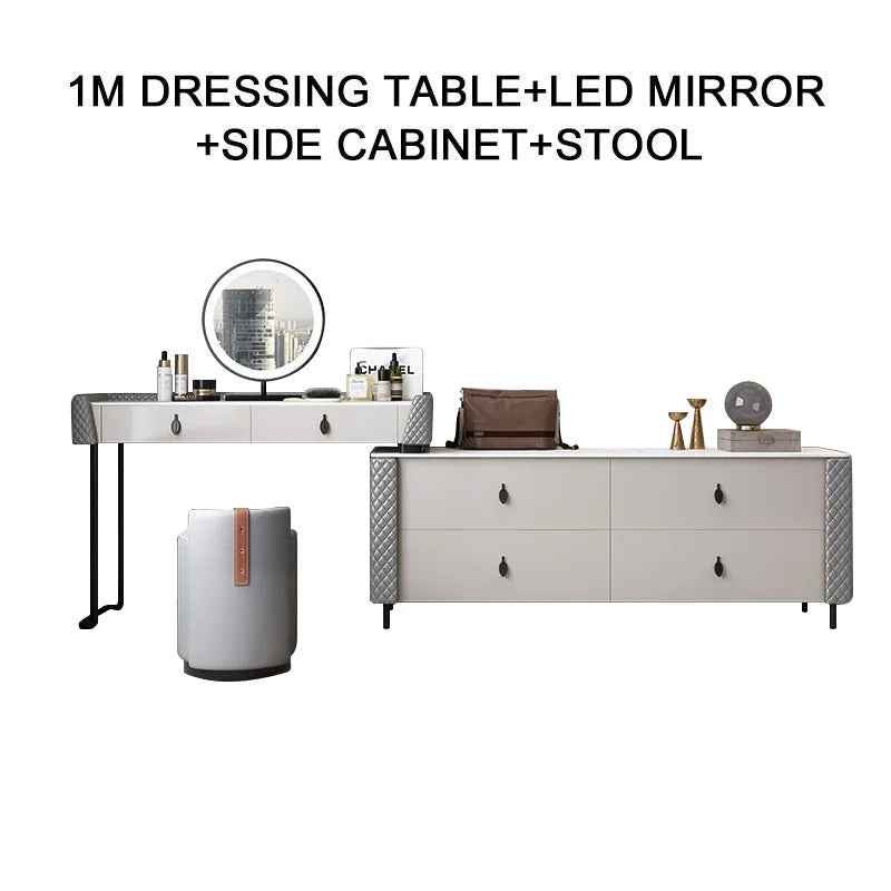 Modern minimalist bedroom slate dressing table storage cabinet integrated LED mirror makeup table stool combination