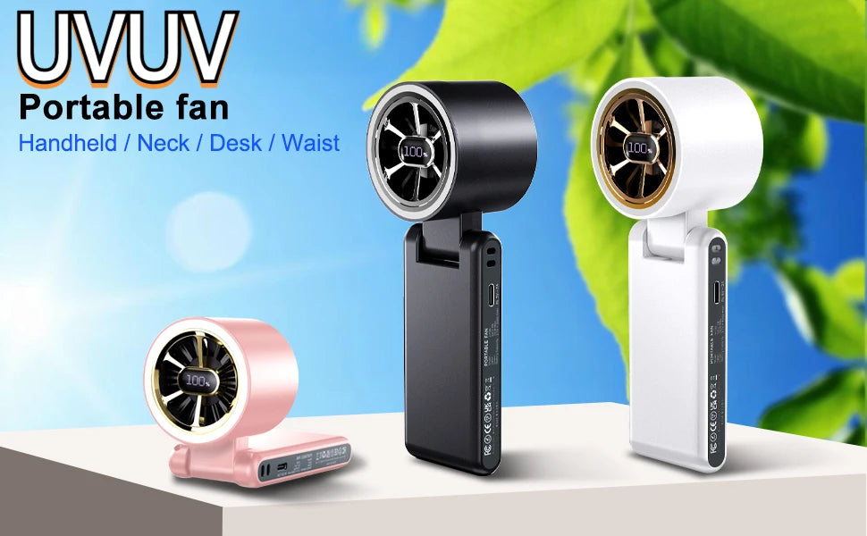 Fan - Handheld/Waist Clip/Neck-Wear Fan, 5-Speed Adjustment, 5000mAh Battery, 20-Hour Extended Run Time (Black/White/Pink)