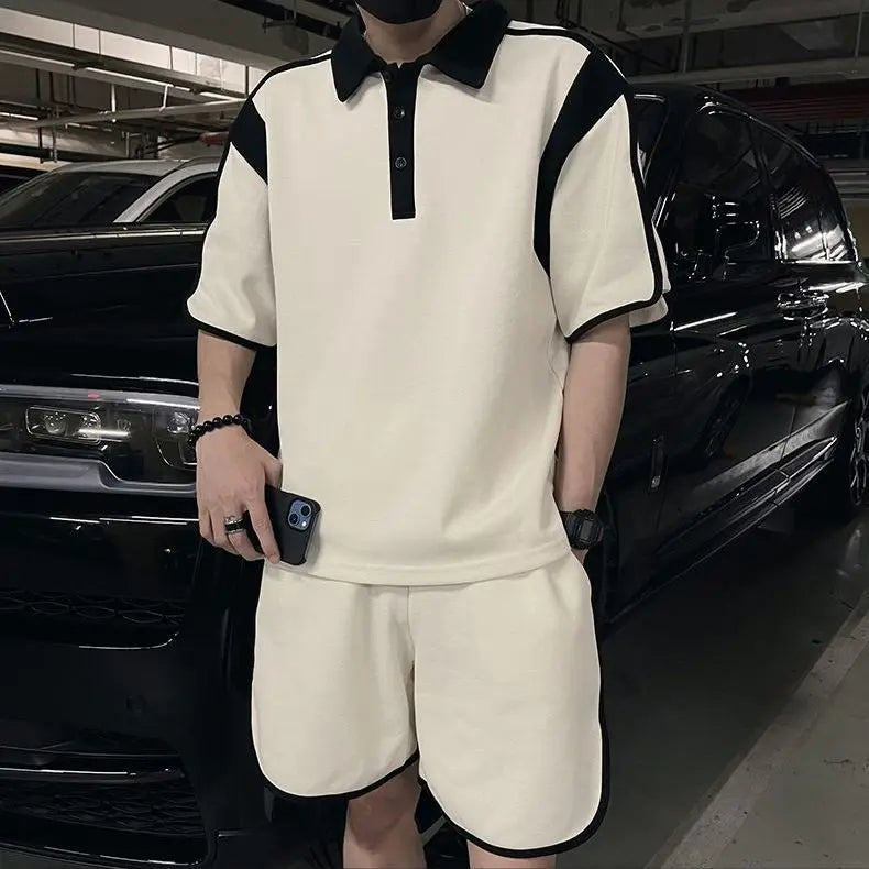 Men's High-end Outfit Suits for Summer Pairing with Handsome Polo Shirt Short-sleeved Shorts Cool Handsome Two-piece Set