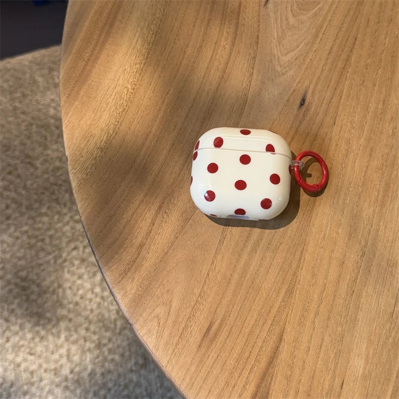 INS Korean Cute Red Polka Dot Glossy Beige Earphone Case Cover for AirPods 1 2 3 4 Pro 2 Pro 3 Shockproof Protective Case