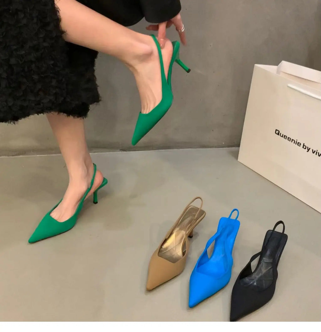 Women Summer Shoes 2024 New Fashion Pointed Toe Stiletto Medium Heel High Heels Women Back Empty Toe Sandals Green Women's Shoes