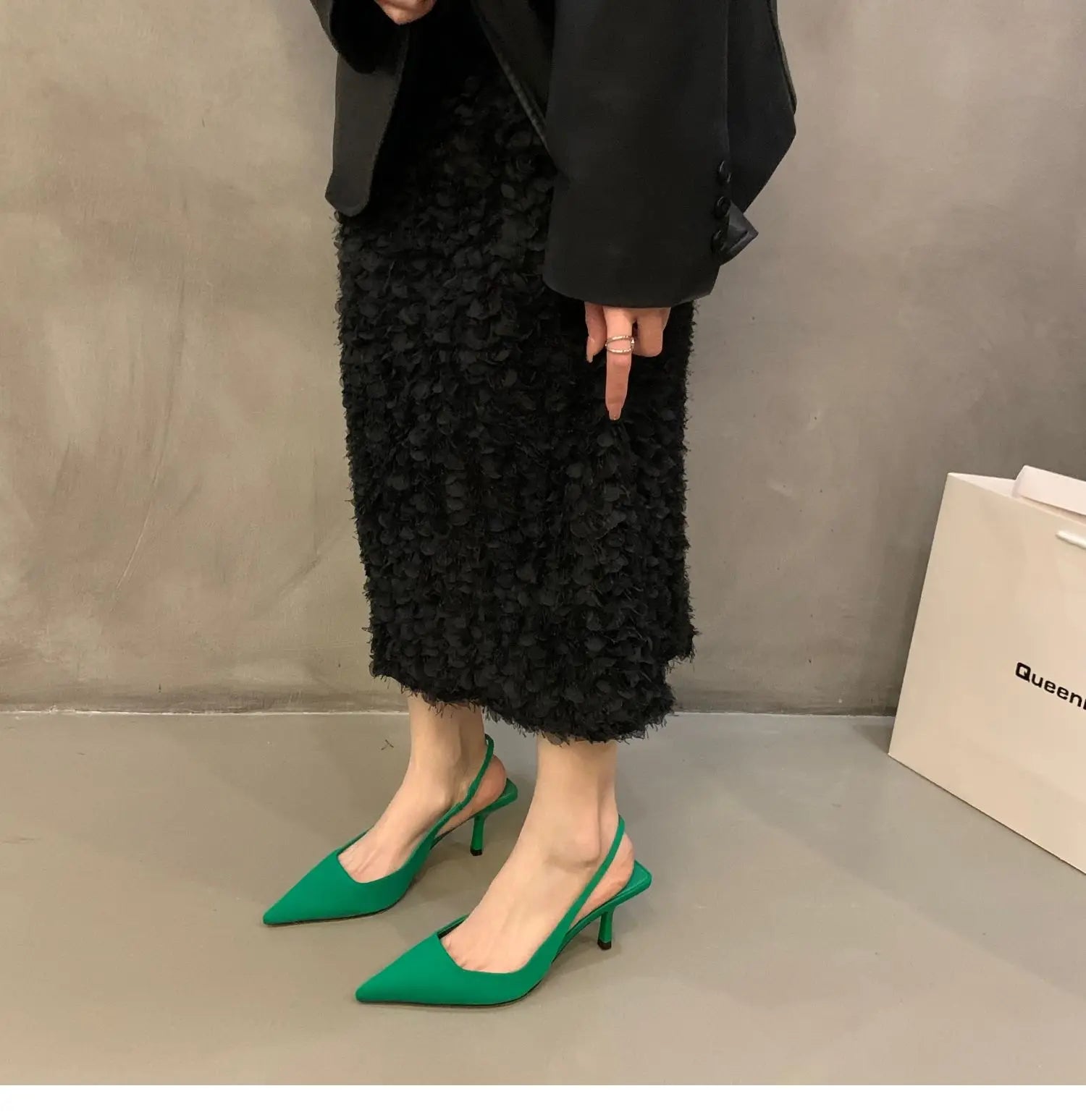 Women Summer Shoes 2024 New Fashion Pointed Toe Stiletto Medium Heel High Heels Women Back Empty Toe Sandals Green Women's Shoes