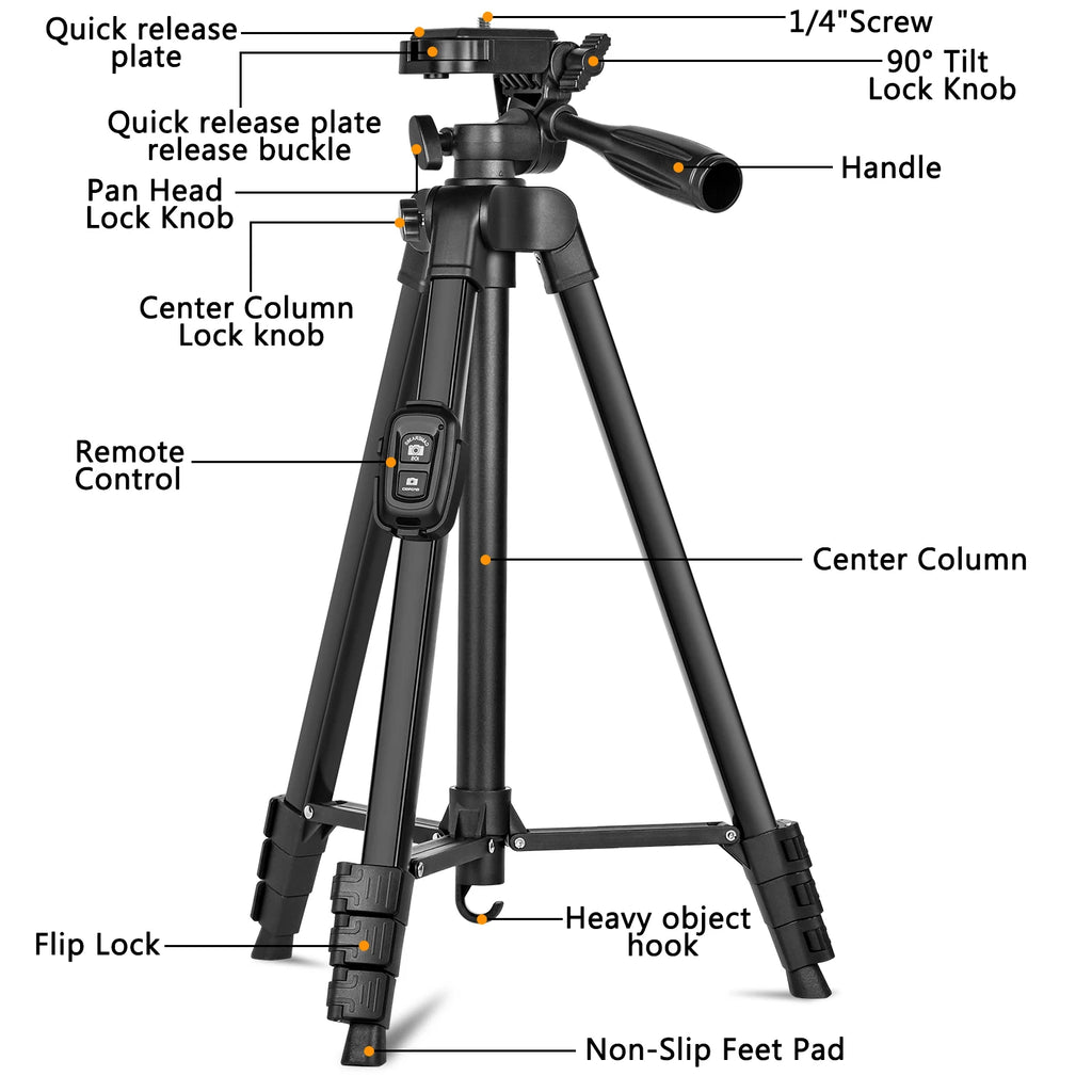 Tripod,60" Camera Tripod with Travel Bag,Cell Phone Tripod with Remote,Professional Aluminum Portable Tripod Stand