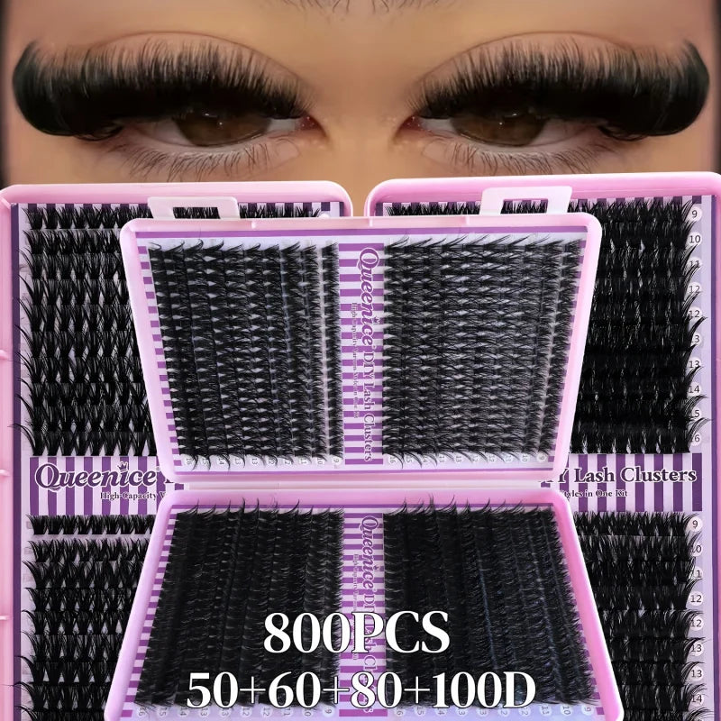 800 Clusters of 50D+60D+80D+100D False Eyelashes, 9-16mm Mixed Lengths, Freely Combinable, D/DD Curl
