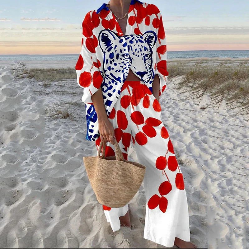 Fashion Vacation Style Print Suits for Women Fashion Versatile Lapel Long Sleeve Shirt Top and Loose Straight Pants 2 Piece Set