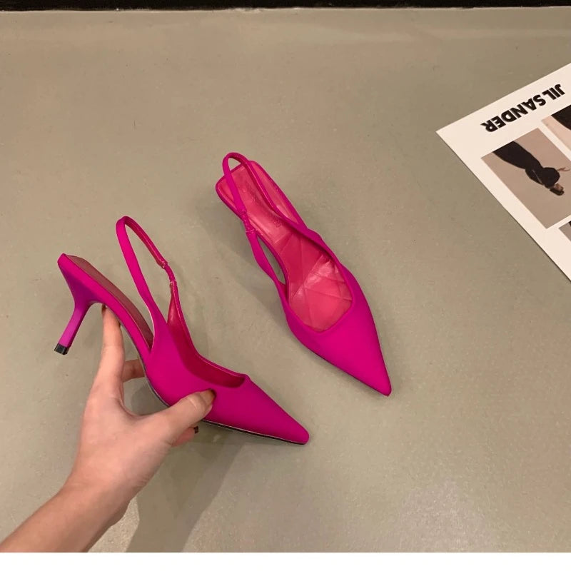 Women Summer Shoes 2024 New Fashion Pointed Toe Stiletto Medium Heel High Heels Women Back Empty Toe Sandals Green Women's Shoes