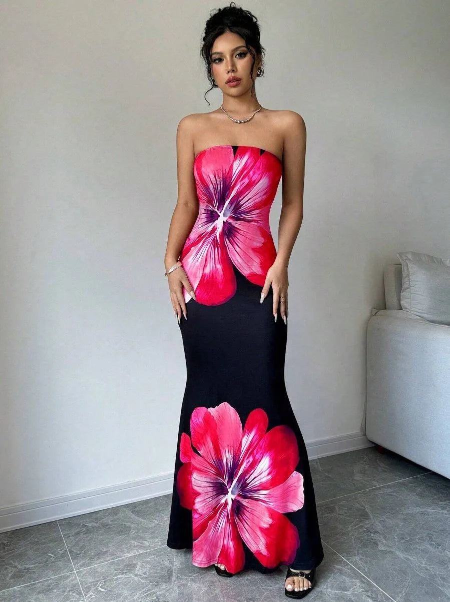 Fashion Milk Silk Fabric Floral Print Sexy Long Dresses Elegant Backless Bodycon High Waist Midi Dress 2025 Summer Vacation Boho