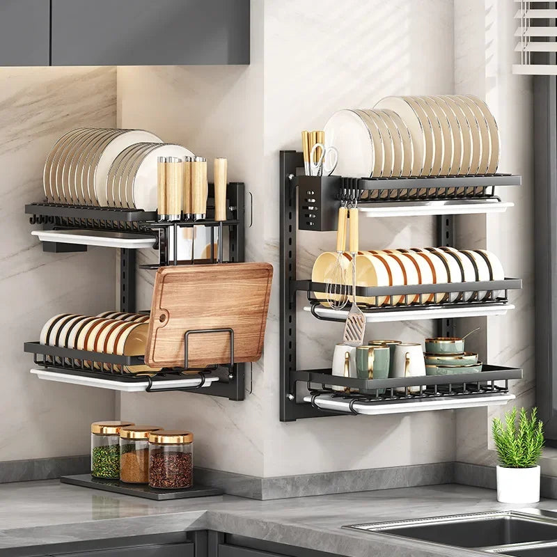 Kitchen Dish Rack Wall Mounted Multifunctional Storage Rack No-hole Cupboard with Chopsticks Knives Plates Draining Storage