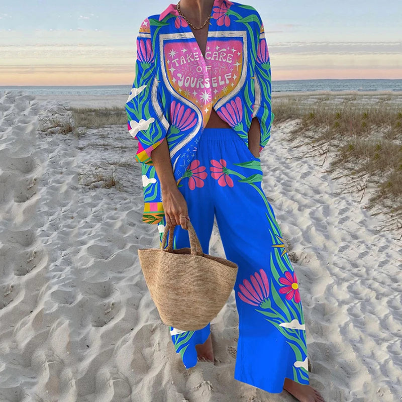 Fashion Vacation Style Print Suits for Women Fashion Versatile Lapel Long Sleeve Shirt Top and Loose Straight Pants 2 Piece Set