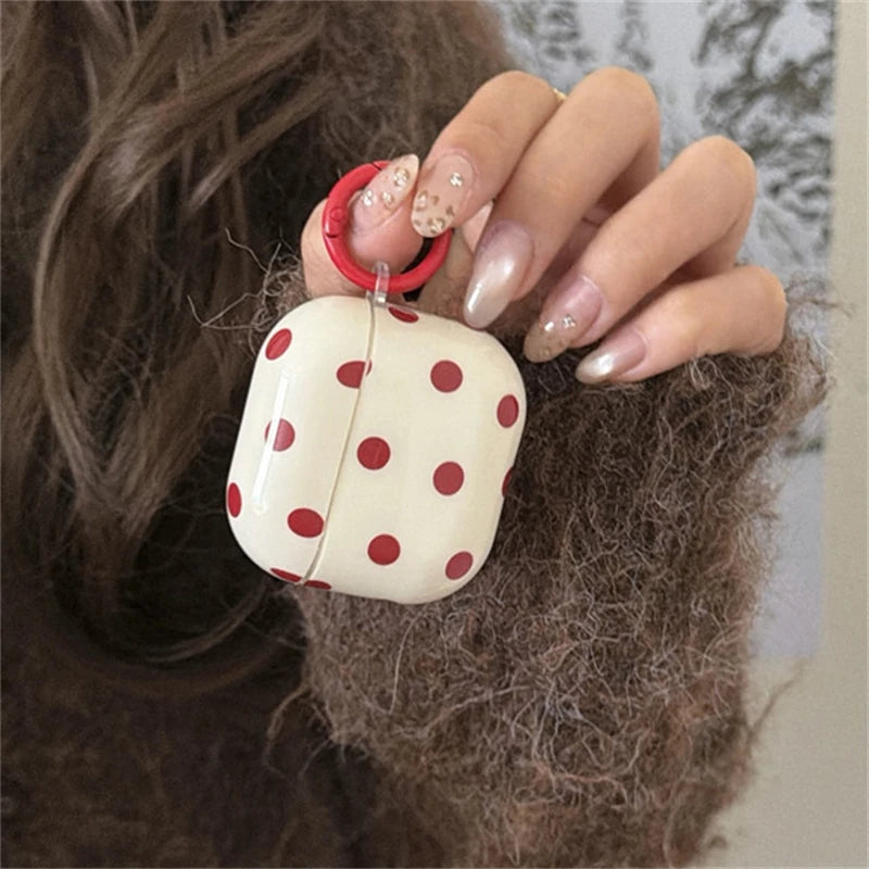 INS Korean Cute Red Polka Dot Glossy Beige Earphone Case Cover for AirPods 1 2 3 4 Pro 2 Pro 3 Shockproof Protective Case