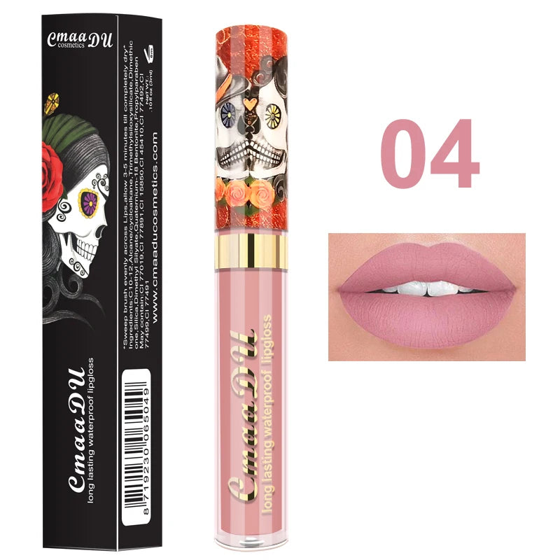 1pcs Matte Lip Gloss - Long-Lasting, Waterproof, Non-Fading, for All Skin Types - Vibrant Red Shades with Floral & Skull Designs