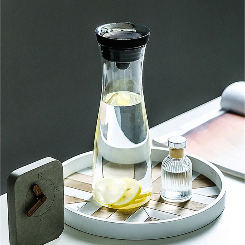 Water Bottle 1.8L High Borosilicate Glass Bottle Basic Tilting  Stainless Steel Lid Closure Jug  Hot and Cold Juice Beverage Tea