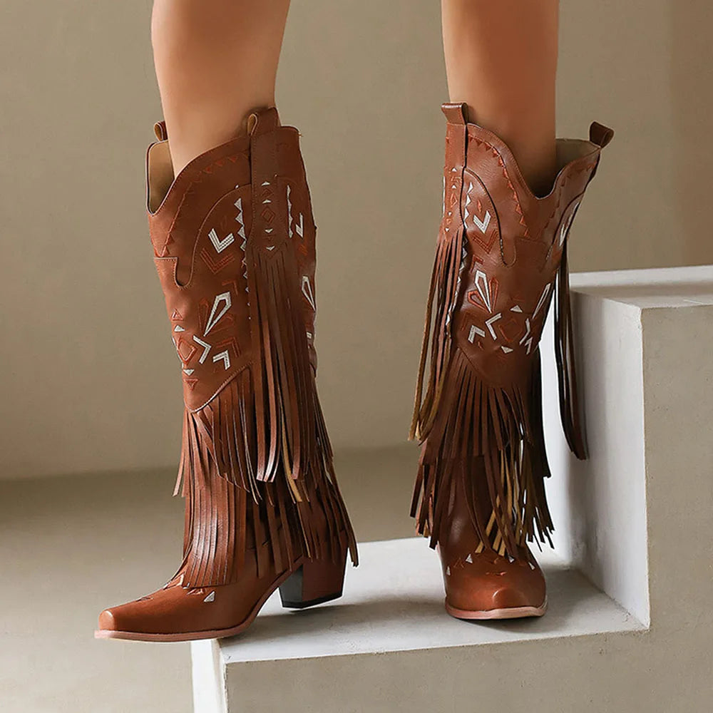 GIGIFOX Retro Tassel Embroidered Cowgirl Mid-Calf Women Western Boots Pointed Toe Chunky High Heel Cowboy Cool All-Match Shoes