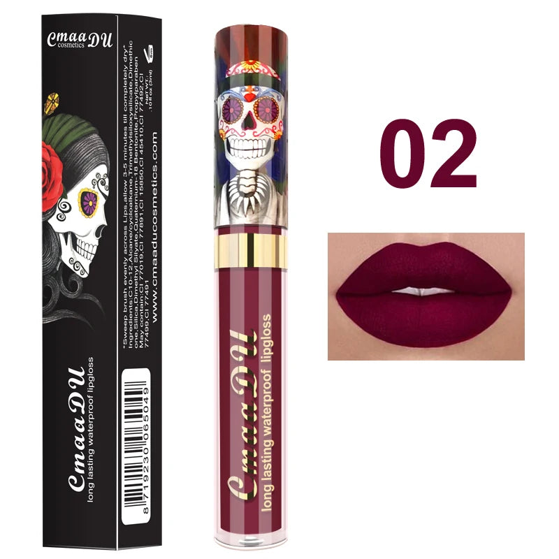 1pcs Matte Lip Gloss - Long-Lasting, Waterproof, Non-Fading, for All Skin Types - Vibrant Red Shades with Floral & Skull Designs