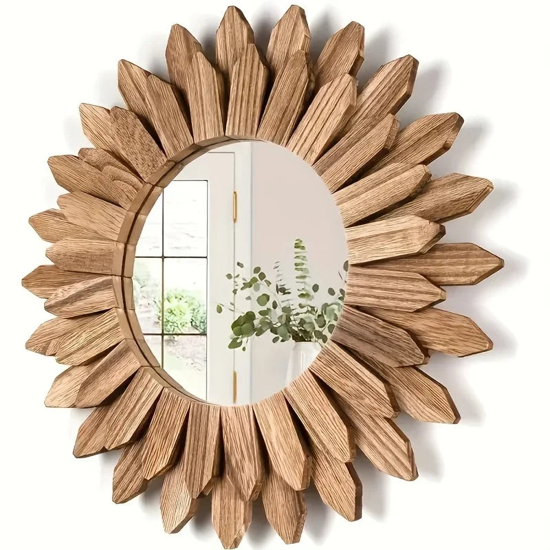 Bohemian Atmosphere Decorative Mirror - Sunflower Wooden Wall-Mounted, Round Makeup Mirror for Bedroom & Bathroom