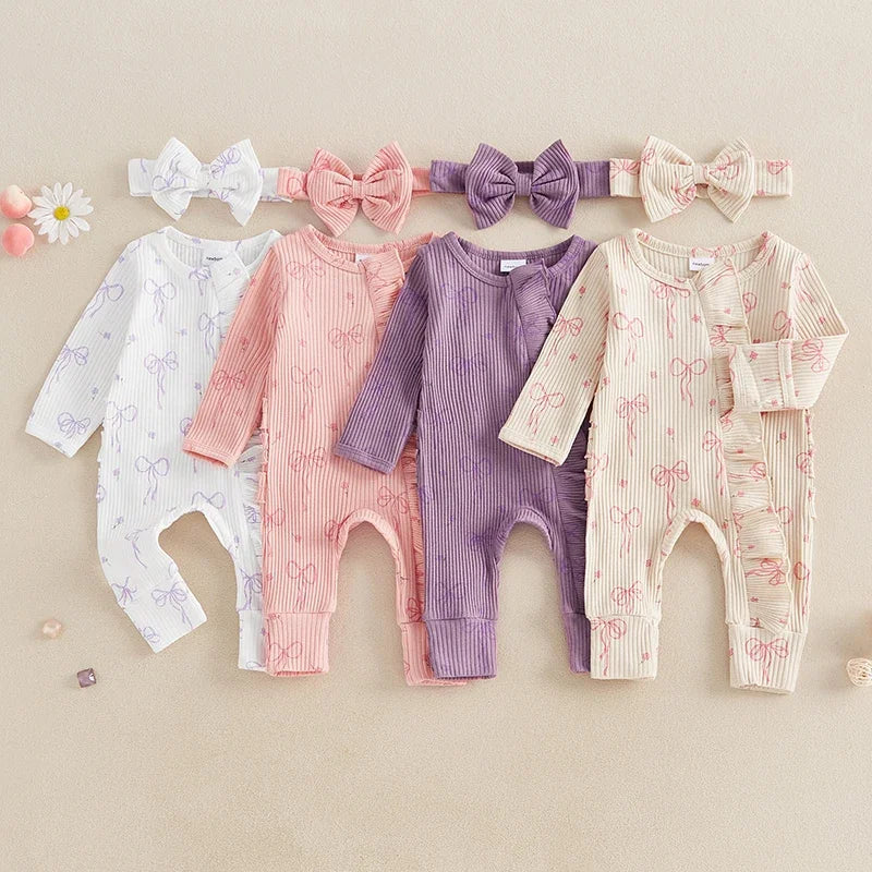 Infant Baby Girl Outfit Bow Print Long Sleeve Ruffled Zipper Front Ribbed Jumpsuit Bow Headband Newborn Clothes