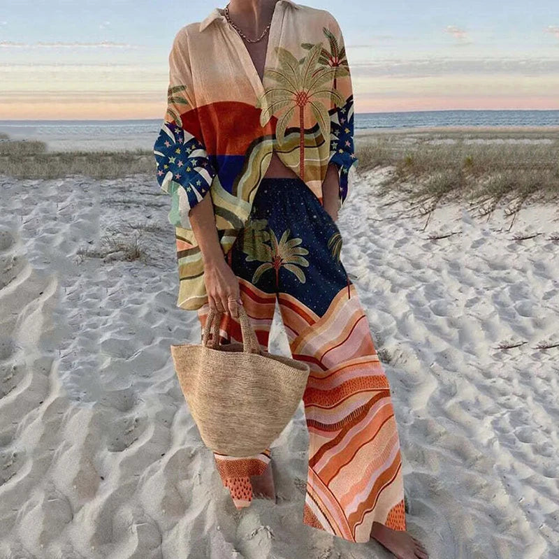 Fashion Vacation Style Print Suits for Women Fashion Versatile Lapel Long Sleeve Shirt Top and Loose Straight Pants 2 Piece Set