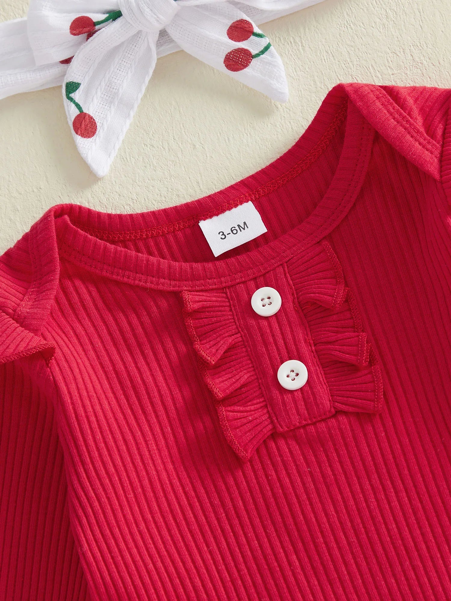 Baby Girls Fall Outfit, Long Sleeve Romper with Cherry Print Pants and Headband Clothing Set