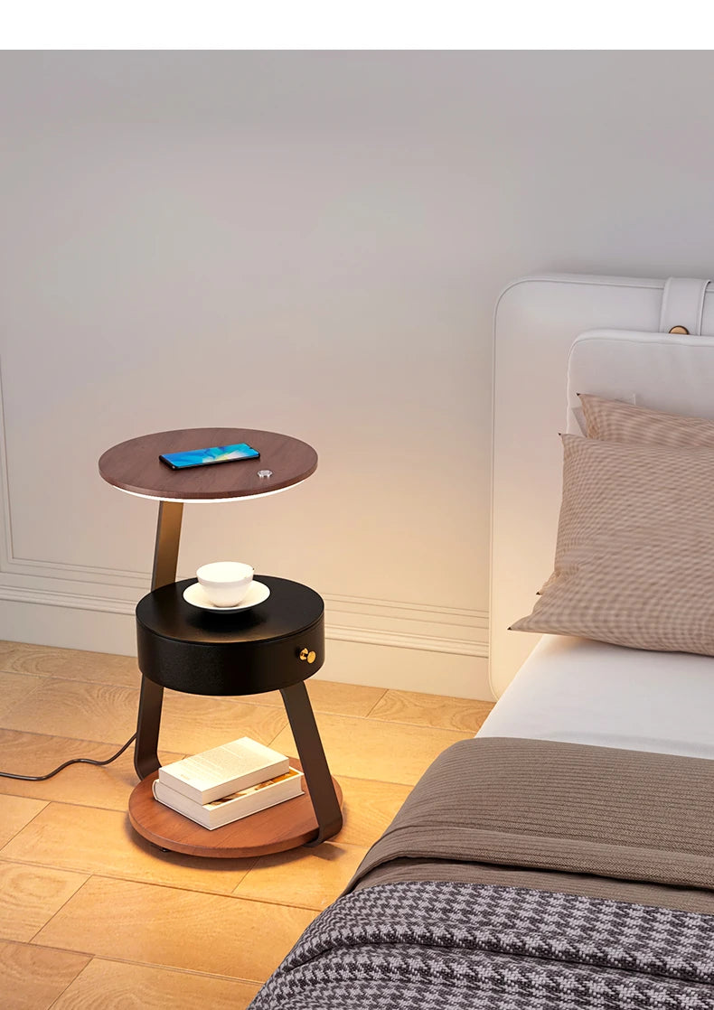 Bedroom Minimalist Nightstands Small Space Round Light Smart Bedside Table With Wireless Charger Nachttisch Library Furniture