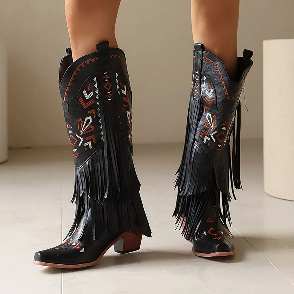 GIGIFOX Retro Tassel Embroidered Cowgirl Mid-Calf Women Western Boots Pointed Toe Chunky High Heel Cowboy Cool All-Match Shoes