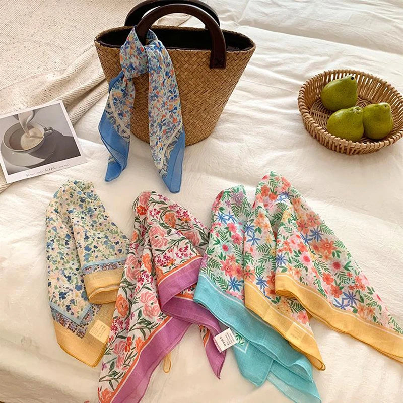 Fashion Flower Print Small Scarf For Women Girls Luxury Head Scarf Sweet Thin Scarf Outdoors Beach Sunscreen Scarf Gifts
