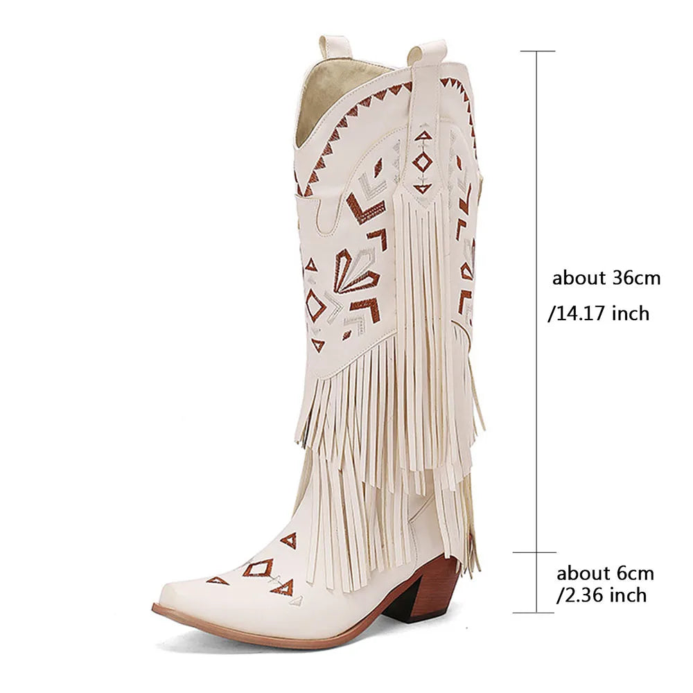 GIGIFOX Retro Tassel Embroidered Cowgirl Mid-Calf Women Western Boots Pointed Toe Chunky High Heel Cowboy Cool All-Match Shoes