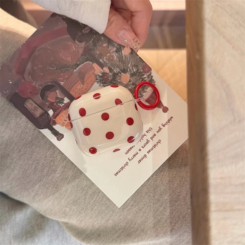 INS Korean Cute Red Polka Dot Glossy Beige Earphone Case Cover for AirPods 1 2 3 4 Pro 2 Pro 3 Shockproof Protective Case