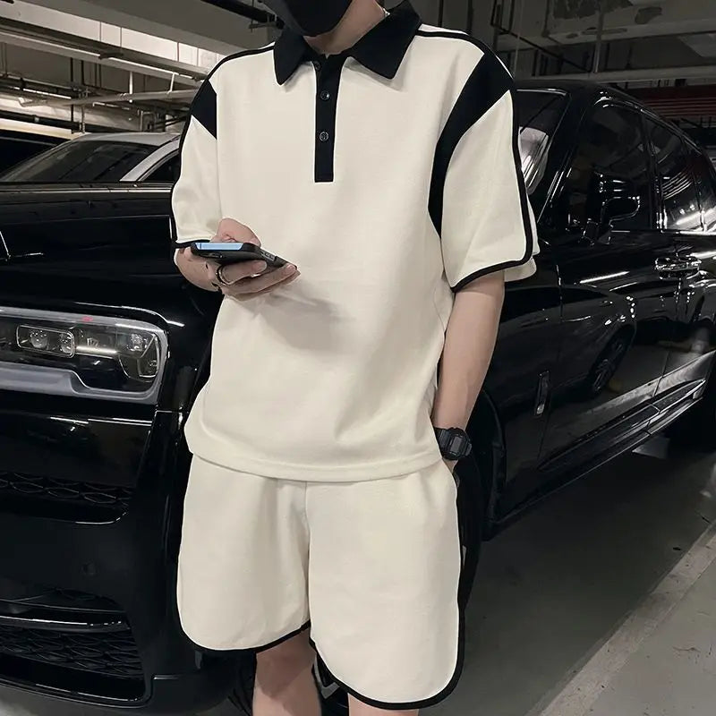 Men's High-end Outfit Suits for Summer Pairing with Handsome Polo Shirt Short-sleeved Shorts Cool Handsome Two-piece Set