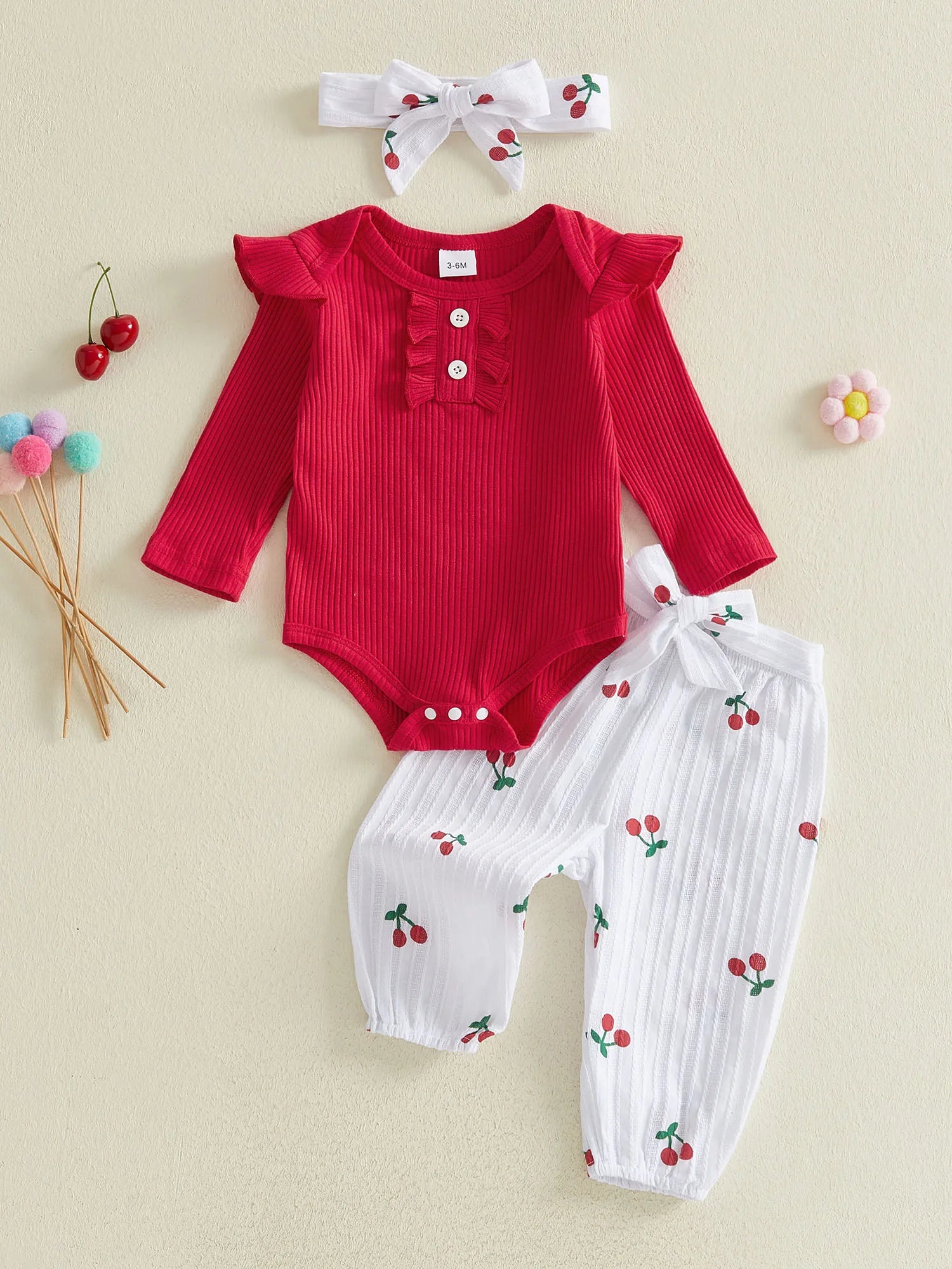 Baby Girls Fall Outfit, Long Sleeve Romper with Cherry Print Pants and Headband Clothing Set