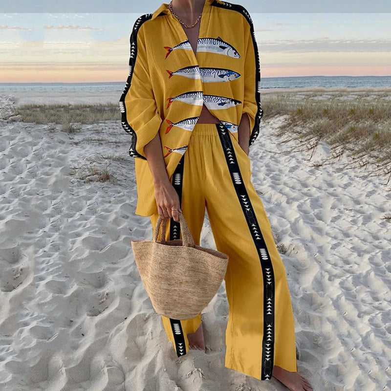 Fashion Vacation Style Print Suits for Women Fashion Versatile Lapel Long Sleeve Shirt Top and Loose Straight Pants 2 Piece Set