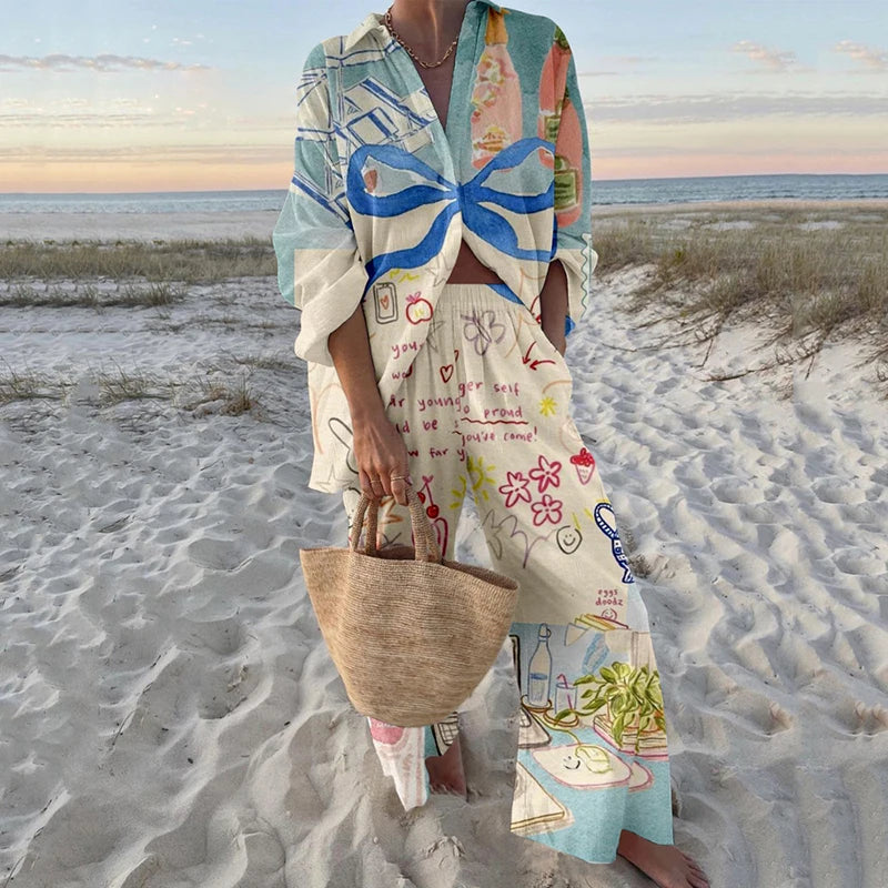 Fashion Vacation Style Print Suits for Women Fashion Versatile Lapel Long Sleeve Shirt Top and Loose Straight Pants 2 Piece Set