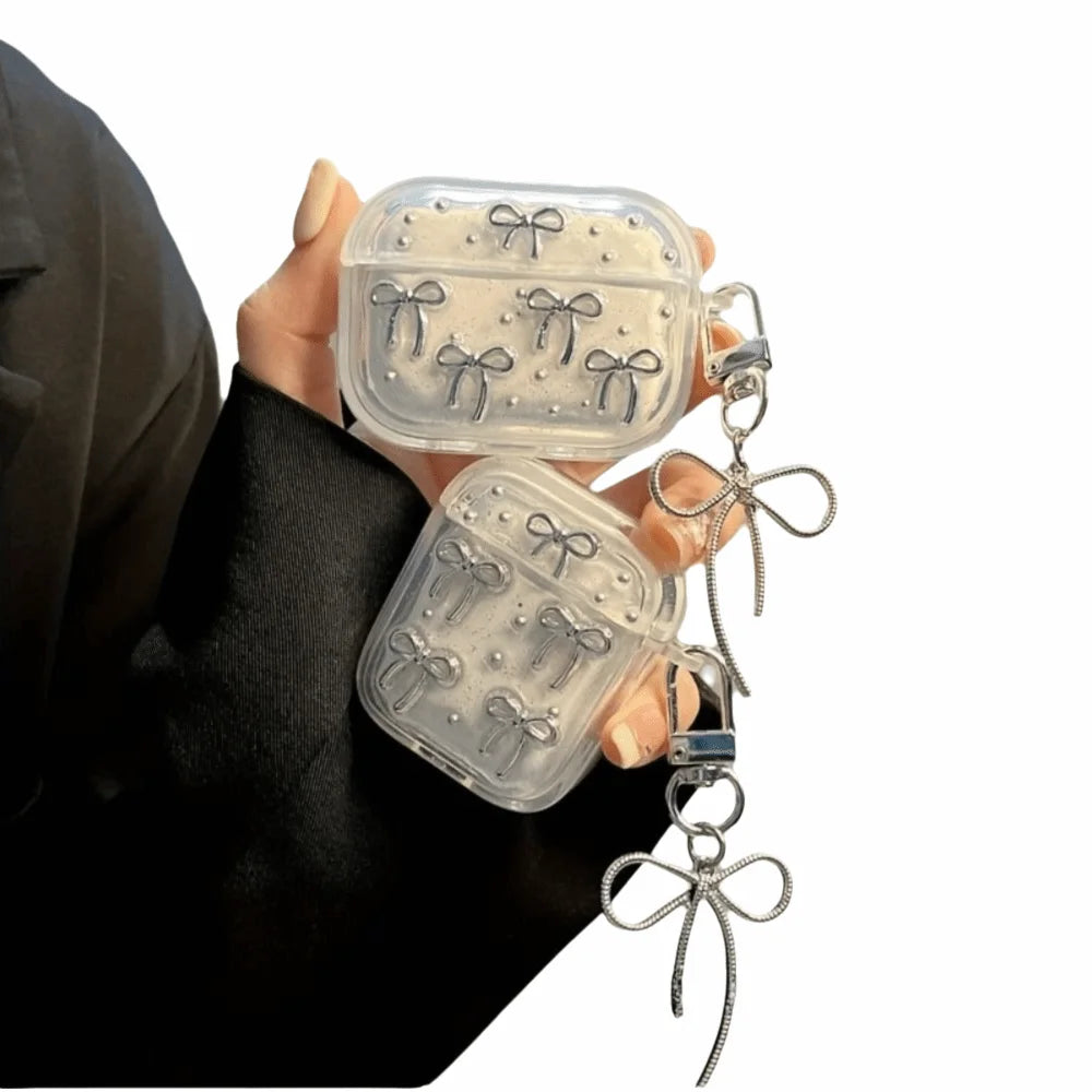 Cute Silver Bowknot Headphones Case with Pendant Clear Protective Shell Shockproof TPU Soft Cover for Airpods 4/3/2/1/pro2/pro