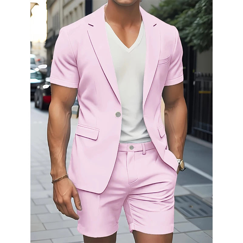 Men's Suit Summer Casual Suit 2 Piece Short Sleeve Suit Blazer 5 Inch Dress Shorts for Outdoor Beach Weddings Casual Occasions
