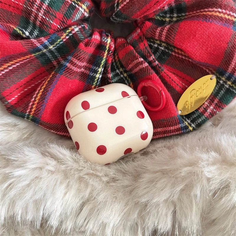 INS Korean Cute Red Polka Dot Glossy Beige Earphone Case Cover for AirPods 1 2 3 4 Pro 2 Pro 3 Shockproof Protective Case